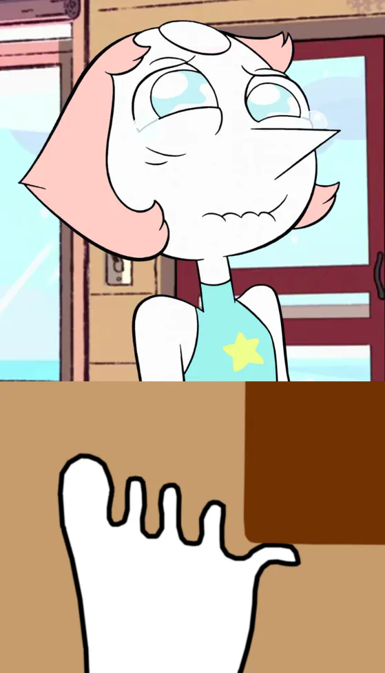 The image shows a cartoon character, Pearl from Steven Universe, with a tearful, exaggeratedly sad expression, looking…