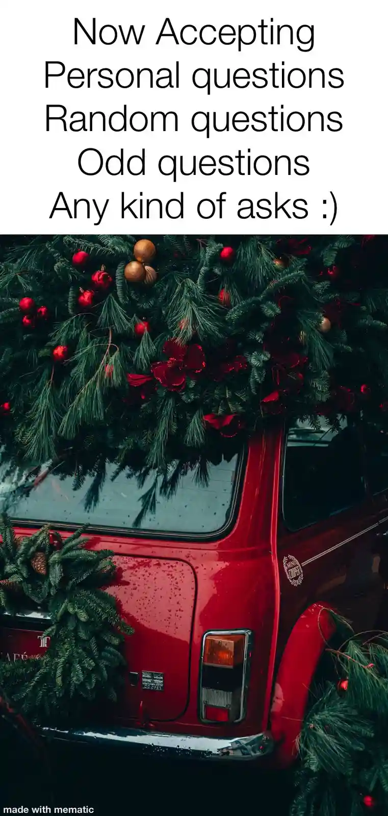 A red vintage car is heavily decorated with Christmas garlands, red ornaments, and pinecones, creating a festive and…