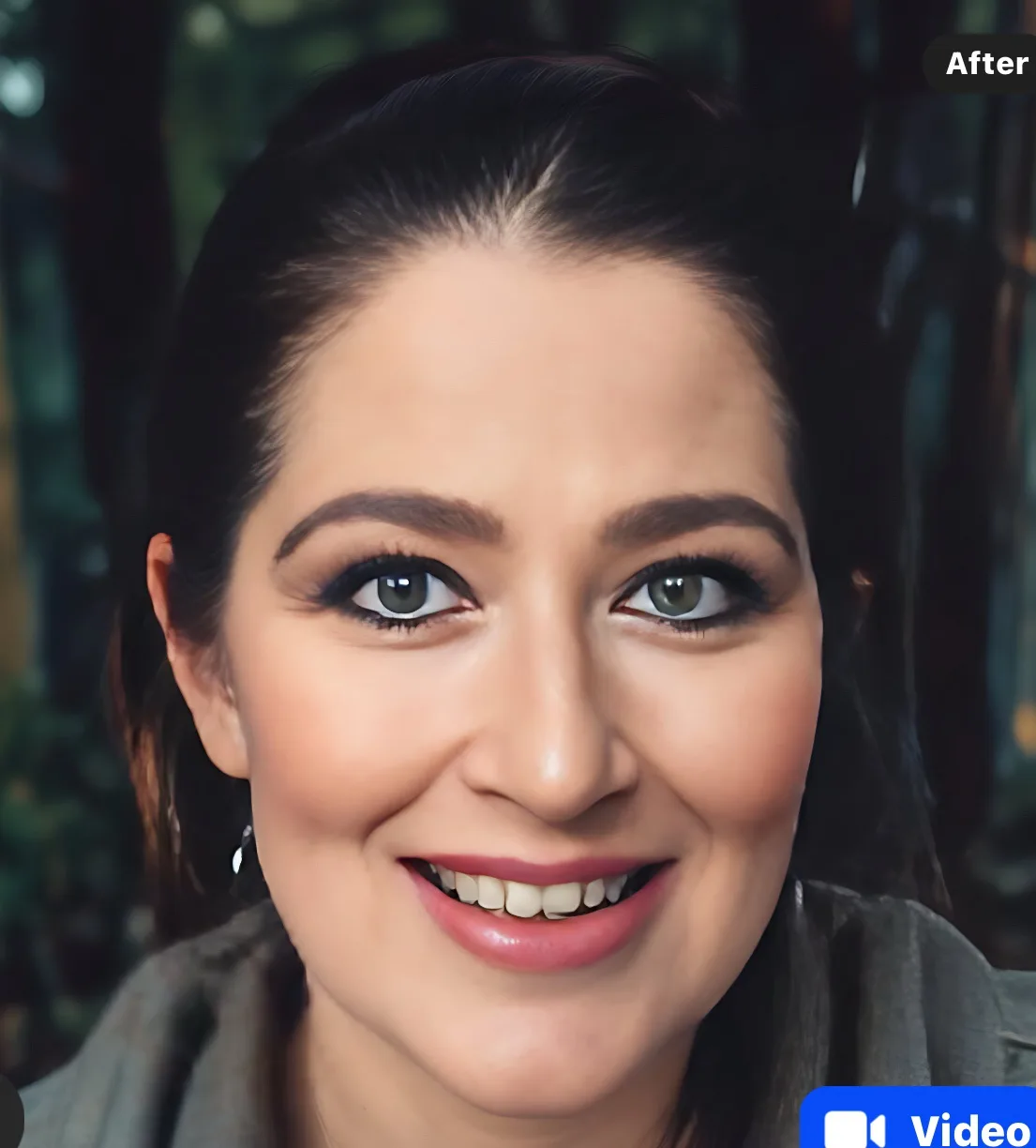 A close-up of a smiling woman with dark hair pulled back, wearing makeup and a gray top, with the word 'After' in a black…