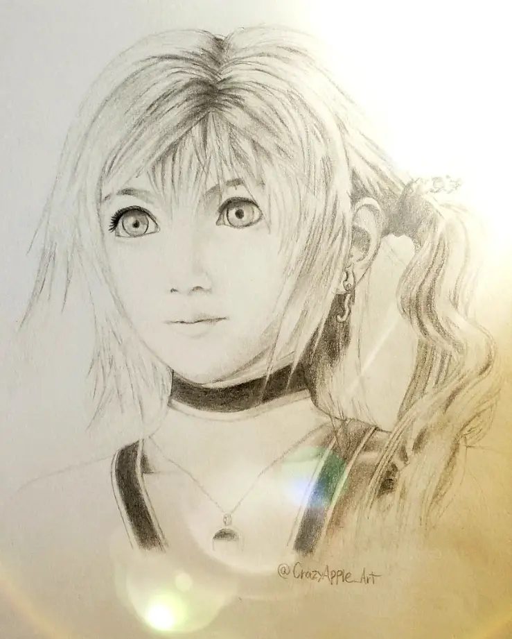 A pencil sketch of a young woman with light hair in a ponytail, wearing a choker and necklace, looking directly at the…