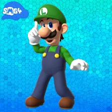 A pixelated image of Luigi from Super Mario 64, standing against a blue hexagonal background, pointing his finger upward…