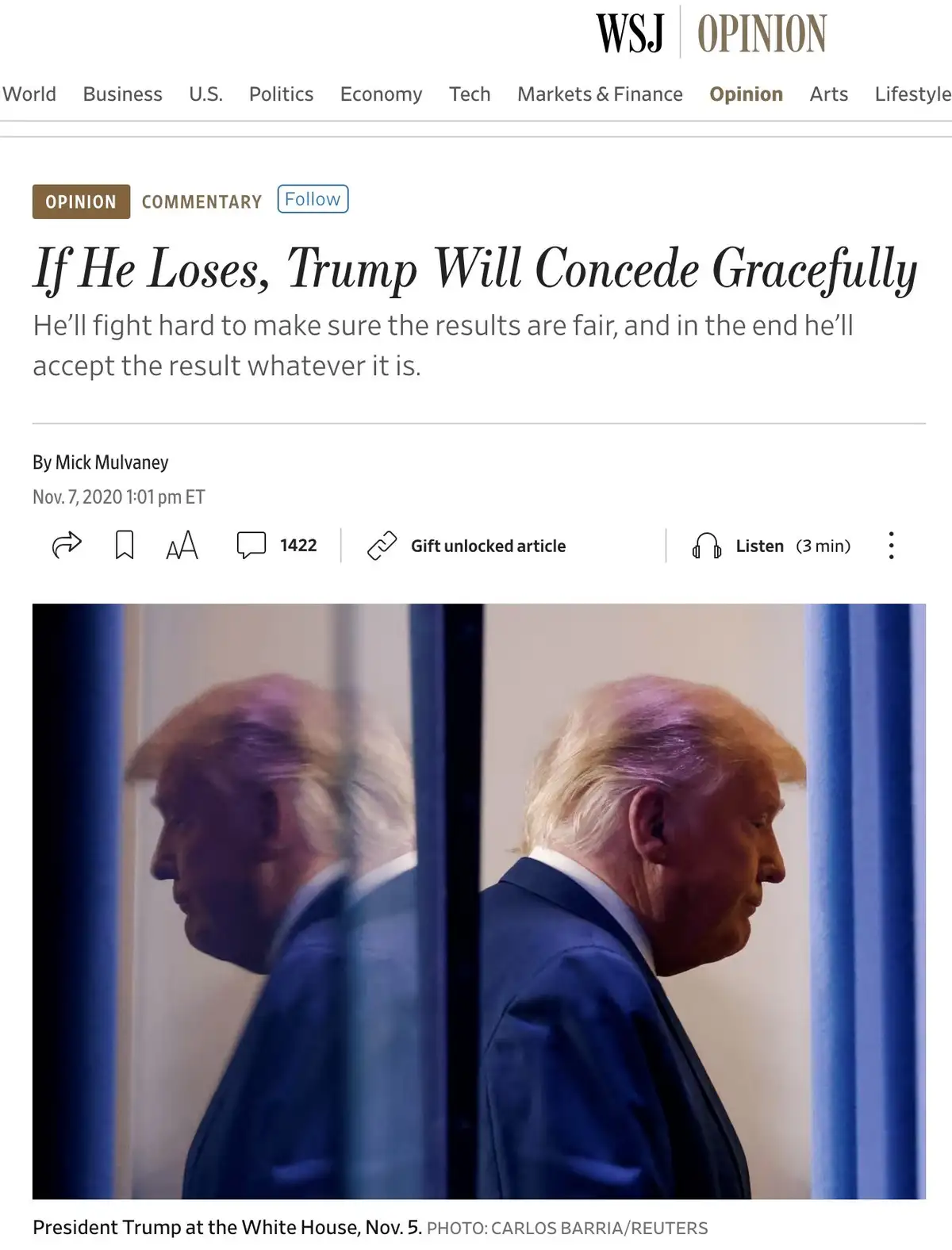 A screenshot of a Wall Street Journal Opinion article by Mick Mulvaney dated Nov 7, 2020, featuring a photo of Donald Trump…