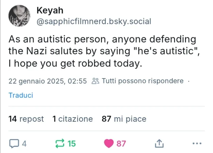 A screenshot of a social media post from a user named Keyah, showing a tweet-like message in Italian dated January 22, 2025…