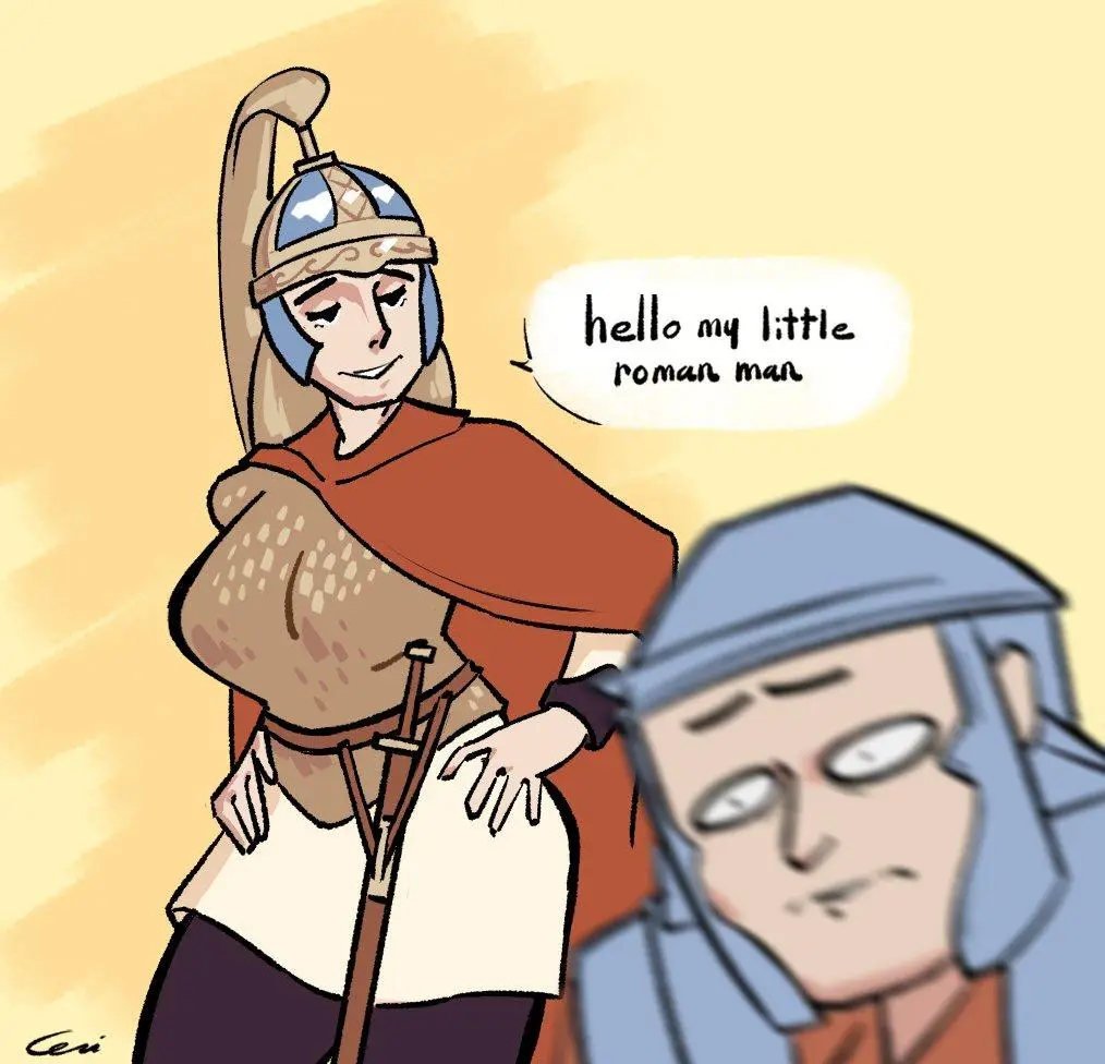 A cartoon illustration shows a Roman soldier in armor and helmet smiling and speaking to a smaller, blurry figure in the…