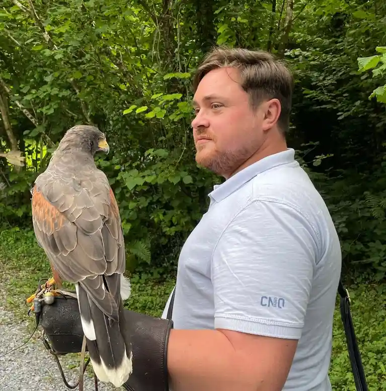 A man in a light grey polo shirt stands outdoors in a forested area, wearing a brown leather falconer's glove on his left…