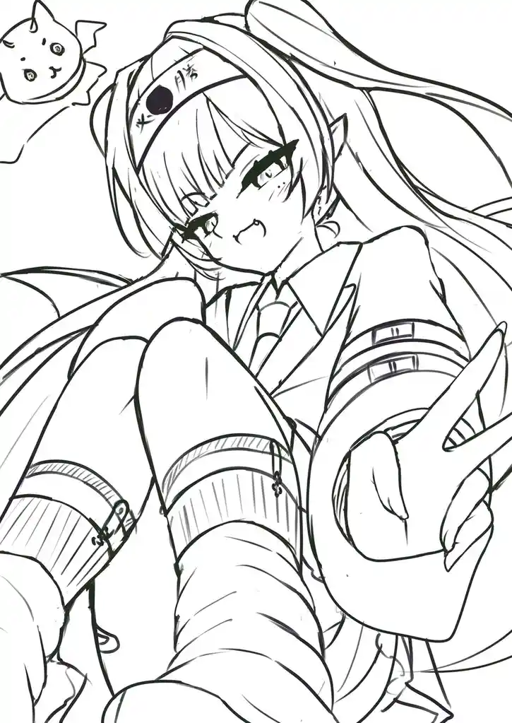 A black-and-white line art sketch of an anime-style girl with long hair, wearing a headband and a school uniform, making a…