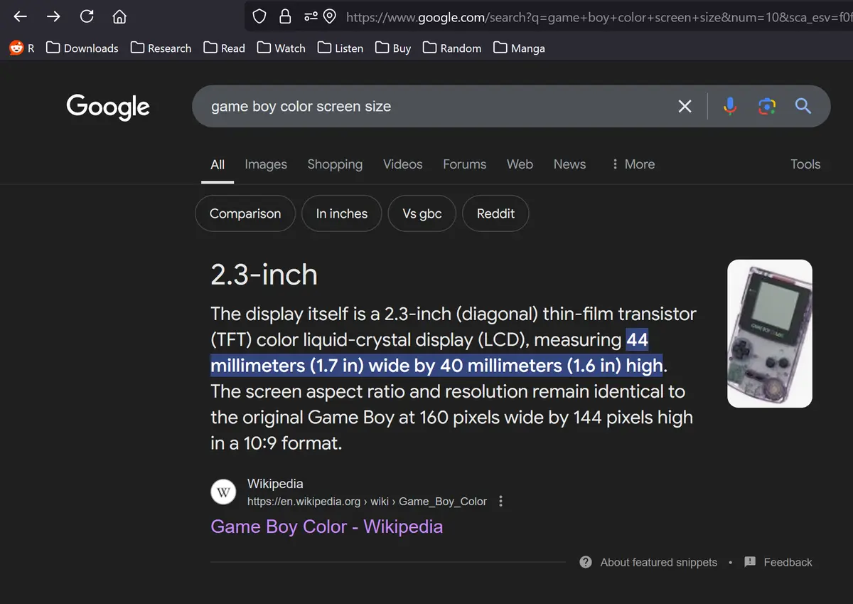 A Google search result for 'game boy color screen size' shows a Wikipedia snippet stating the screen measures 44 millimeters…