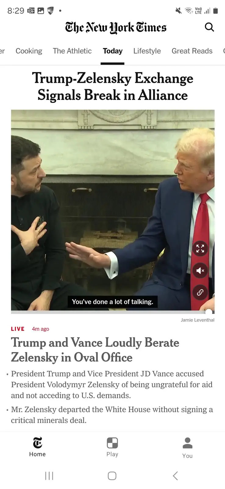 A screenshot of a New York Times article shows a video clip of Donald Trump and Volodymyr Zelensky seated facing each other…