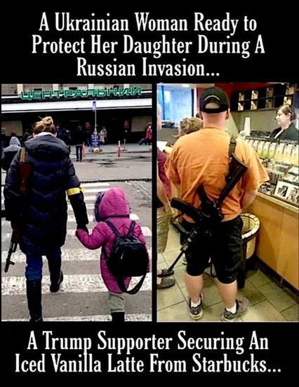 The image is split into two panels. Left: A woman in a dark winter coat and tall boots, carrying a rifle, walks with a small…