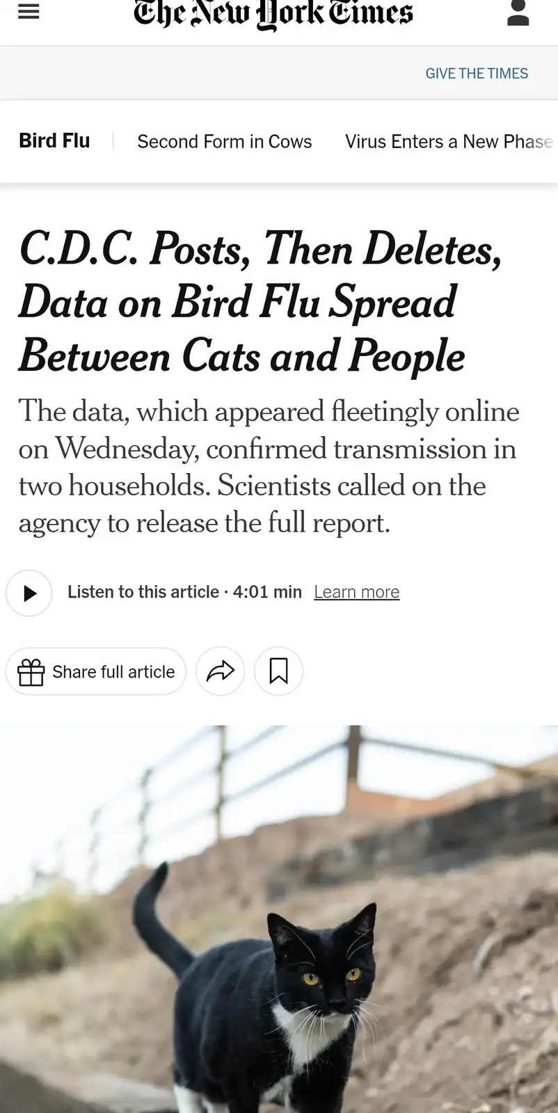 The image displays a screenshot of a New York Times article with a headline about the CDC posting and then deleting data on…