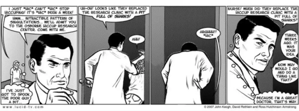 A four-panel black-and-white comic strip shows a man hiccuping uncontrollably, being admitted to a 'hiccup research center'…