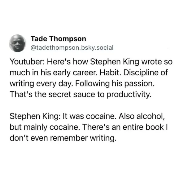 A screenshot of a social media post by Tade Thompson showing a fictional dialogue. The 'Youtuber' claims Stephen King's…