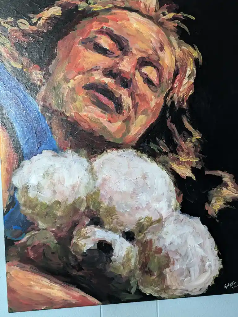 An oil painting depicts a person with a highly emotional, tear-streaked face, clutching a white teddy bear. The artwork uses…