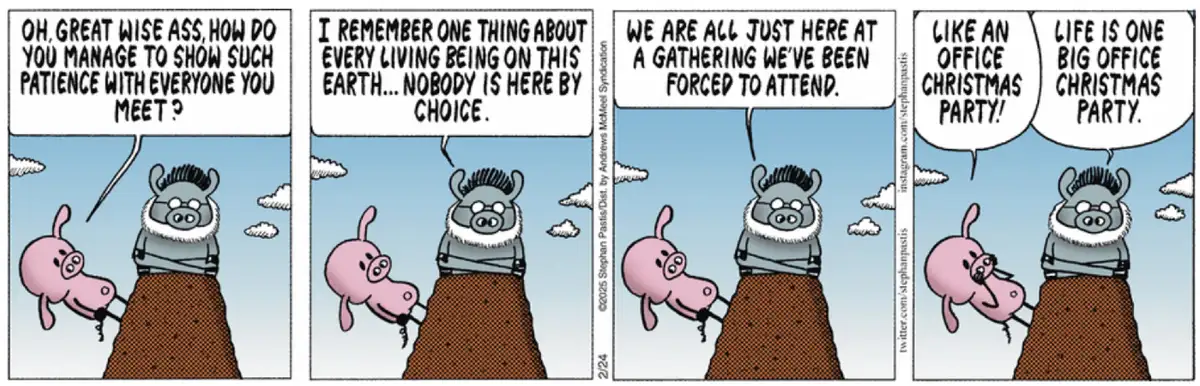 A four-panel comic strip featuring two cartoon pigs standing atop dirt mounds against a blue sky with clouds. The smaller…