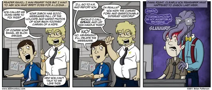 A three-panel comic strip shows an employee being confronted about their email history, leading to a boss threatening HR…