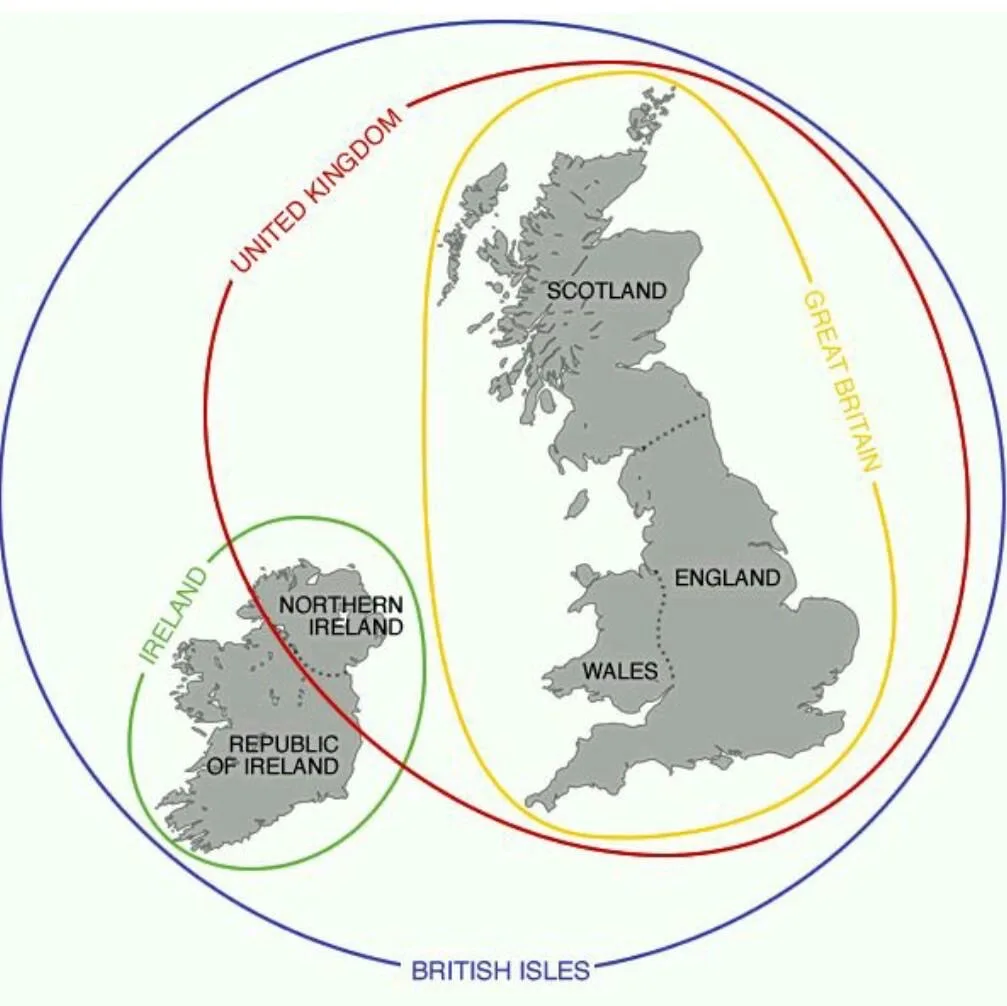 A diagram showing overlapping circles labeled 'UNITED KINGDOM', 'GREAT BRITAIN', 'IRELAND', and 'BRITISH ISLES' around maps…