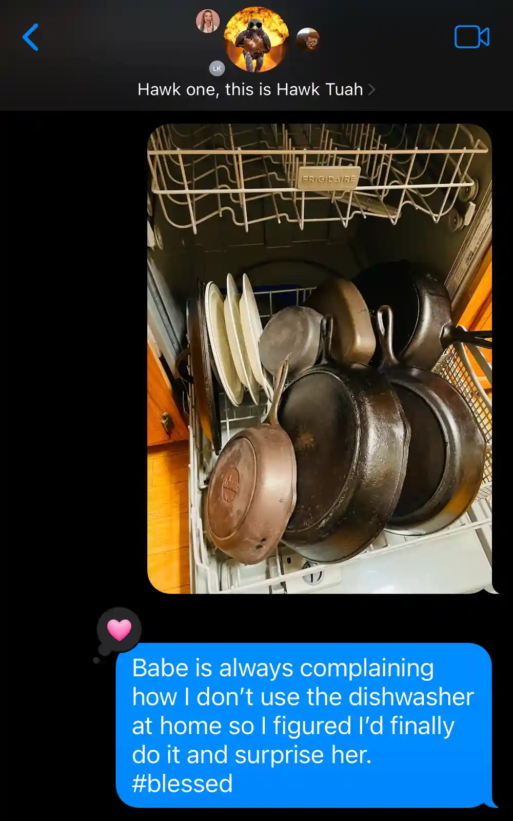 A screenshot of a text message conversation shows a photo of a dishwasher rack filled with dirty cast iron pans and plates…