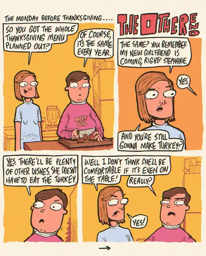 A four-panel comic strip titled 'THE OTHER END' depicts a conversation between two people about Thanksgiving dinner. The…