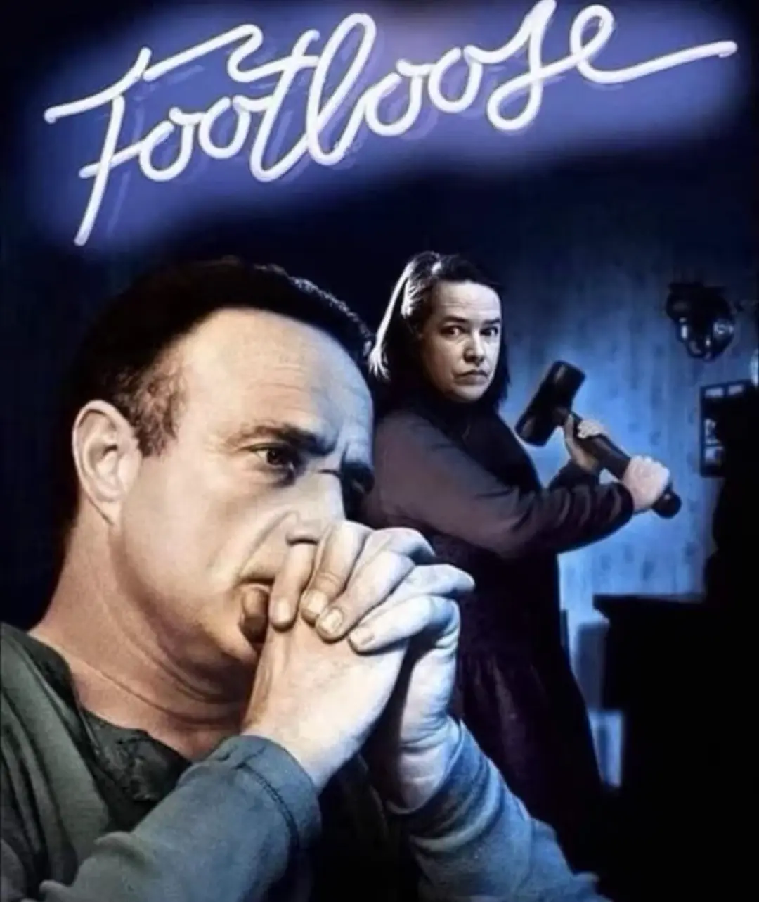 The image is a movie poster for 'Footloose' featuring a man in the foreground with his hands clasped in prayer, looking…