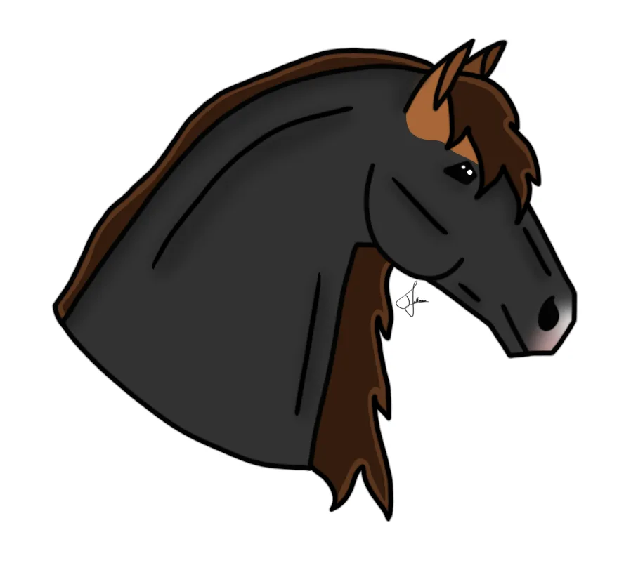 A cartoon drawing of a black horse's head in profile, featuring brown mane and tail, with a brown cape draped over its back…