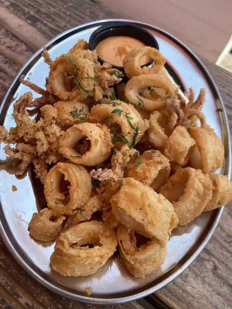 A close-up photo shows a metal plate piled high with golden-brown, crispy fried calamari rings and tentacles, garnished with…
