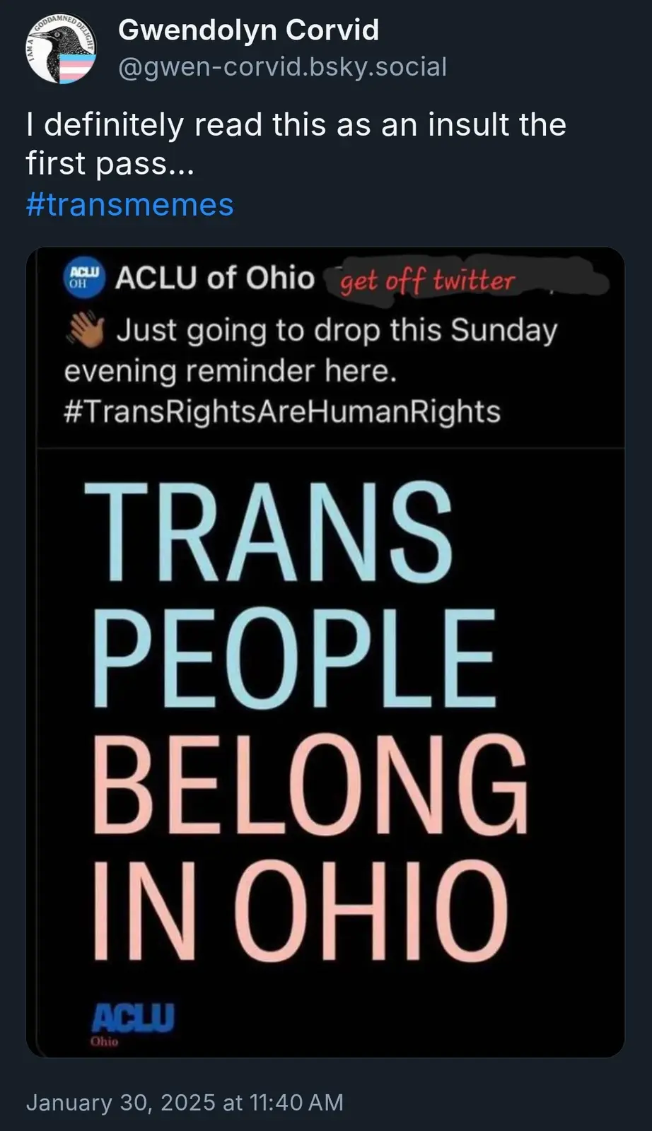 A screenshot of a tweet from ACLU of Ohio promoting 'Trans People Belong in Ohio' with a hand emoji and the hashtag…