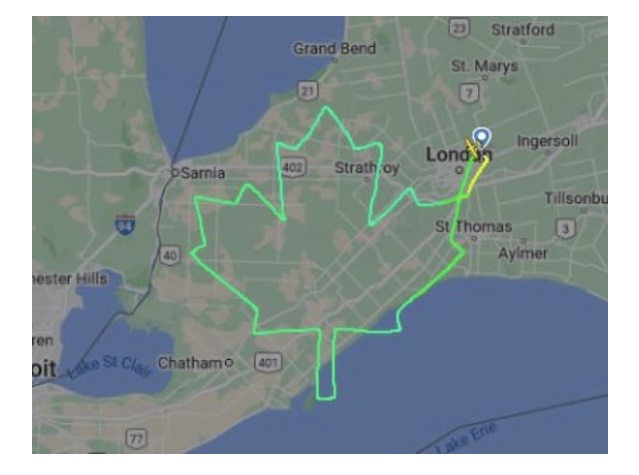 A map of southern Ontario, Canada, with a green line tracing the outline of a maple leaf, passing through towns like London…
