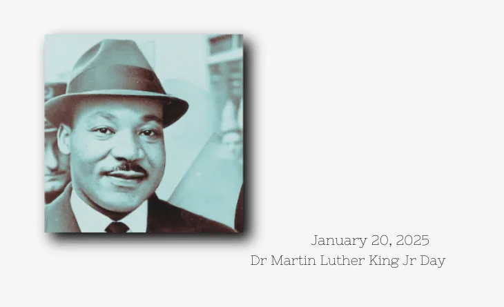 A sepia-toned photo of Dr. Martin Luther King Jr. smiling while wearing a fedora and suit, with text to the right stating…