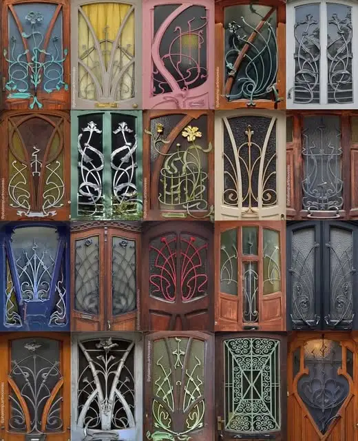 A grid of 16 ornate, colorful Art Nouveau-style doors, each featuring intricate, flowing metalwork and stained glass designs…