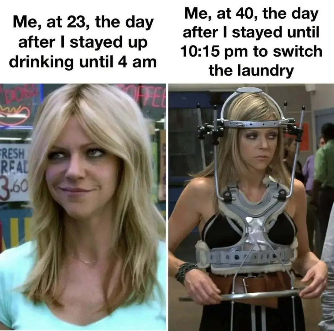 The image is split into two panels. Left: A woman with blonde hair and a light blue shirt smiles smugly in front of a diner…