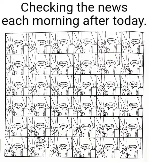 A black-and-white comic strip grid shows a cartoon rabbit repeatedly saying 'DAMN.' while watching a TV. In the final panel…