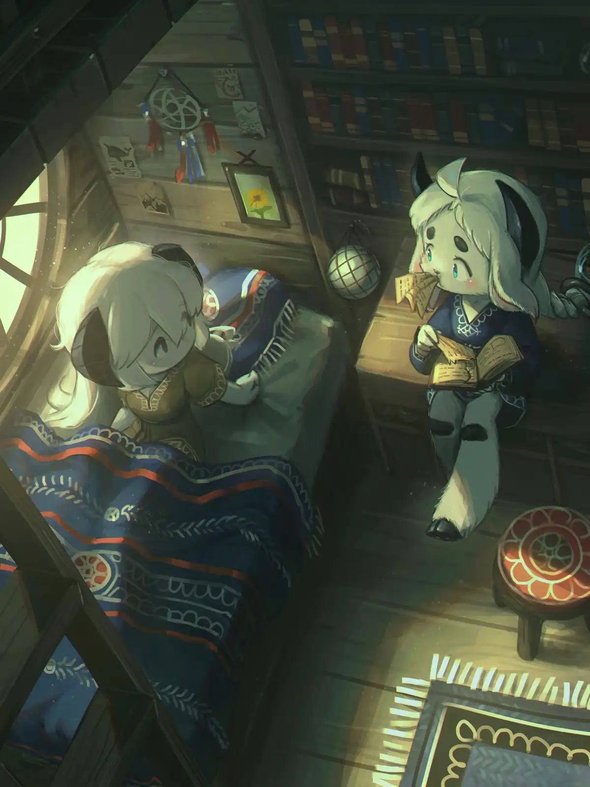 Two anime-style goat-like characters are in a cozy, book-filled room. One character is asleep in bed under a patterned…