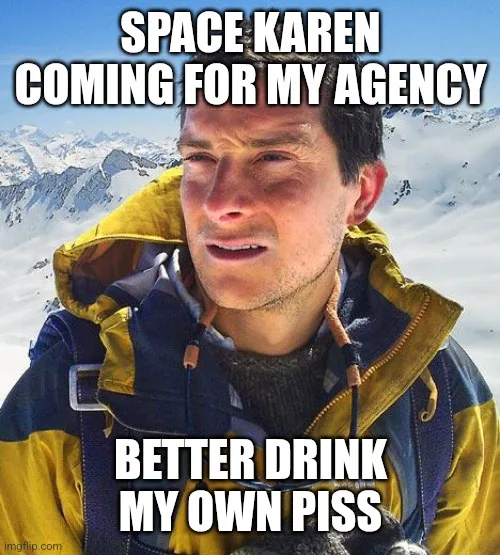 A man in a yellow and blue winter jacket stands in a snowy mountain landscape, looking distressed with a grimace. The text…