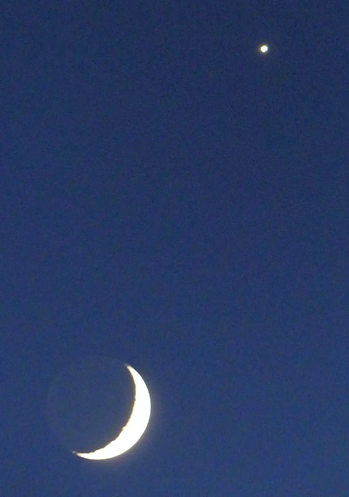 A night sky image shows a thin crescent moon near the bottom and a small, bright star near the top right. The overlaid text…