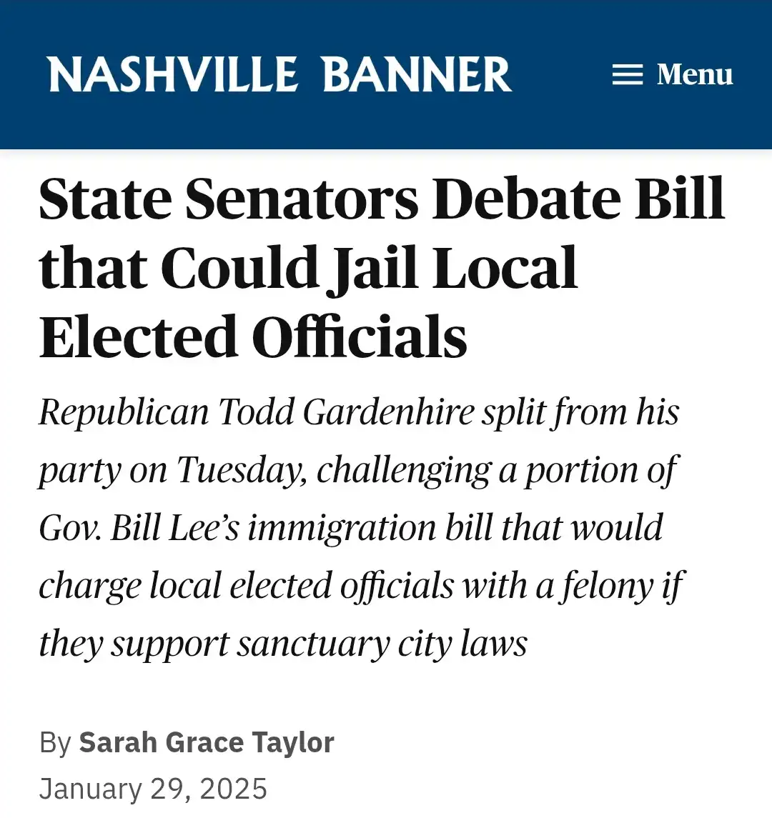 A screenshot of a Nashville Banner news article from January 29, 2025, with a headline about state senators debating a bill…