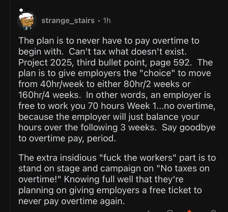 A screenshot of a social media post with a dark background and white text, detailing a fictional 'Project 2025' plan that…