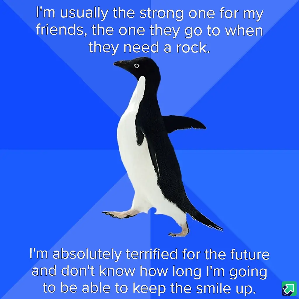 A black-and-white penguin stands against a blue geometric background, with white text overlaid in two sections. The top text…