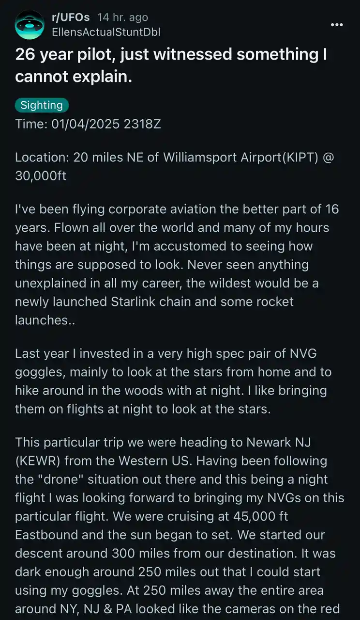 A screenshot of a Reddit post in r/UFOs, where a user claims to be a 26-year pilot who witnessed an unexplainable phenomenon…