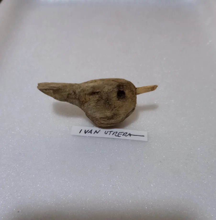 A small, irregularly shaped wooden object resembling a bird or abstract carving rests on a white textured surface. A…
