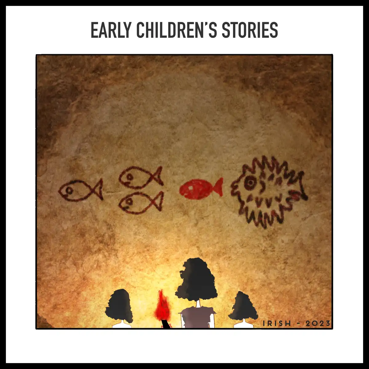 The image shows a stylized cave painting on a textured brown background, depicting four fish: three simple outlined fish and…