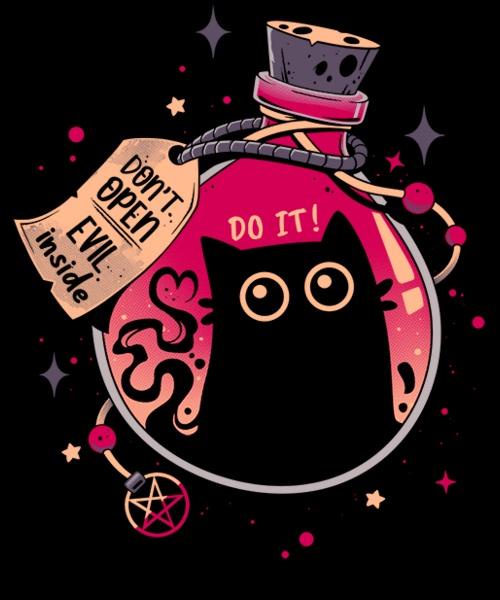 A cartoon black cat with wide eyes is depicted inside a pink potion bottle with a skull-topped stopper. A tag attached to…