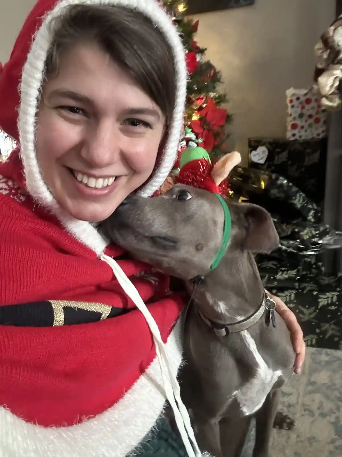 A person wearing a red and white Santa hoodie smiles while holding a grey dog that is wearing a red and green reindeer…