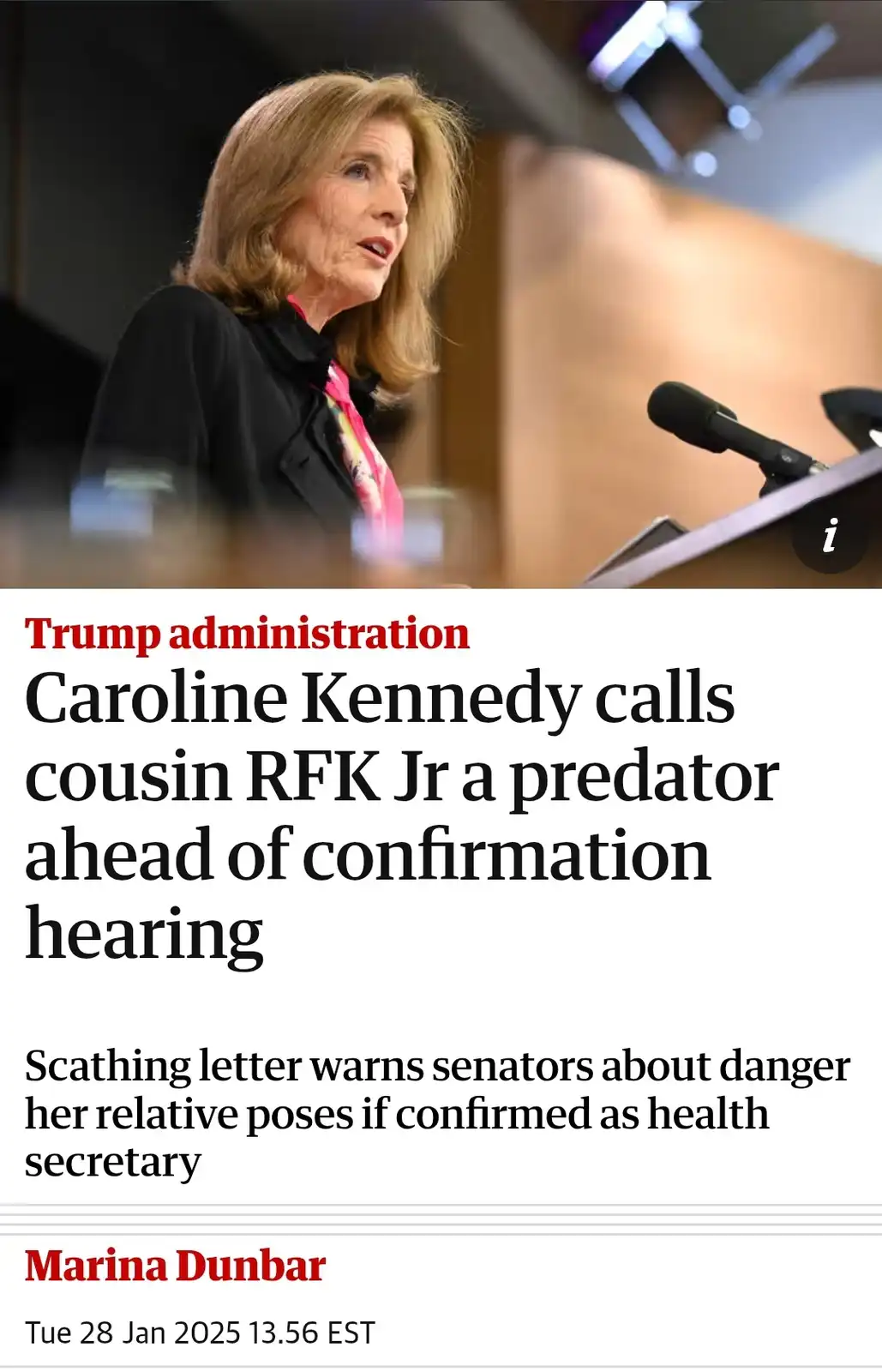 A news article headline shows Caroline Kennedy speaking at a podium, with the text overlay stating 'Trump administration…