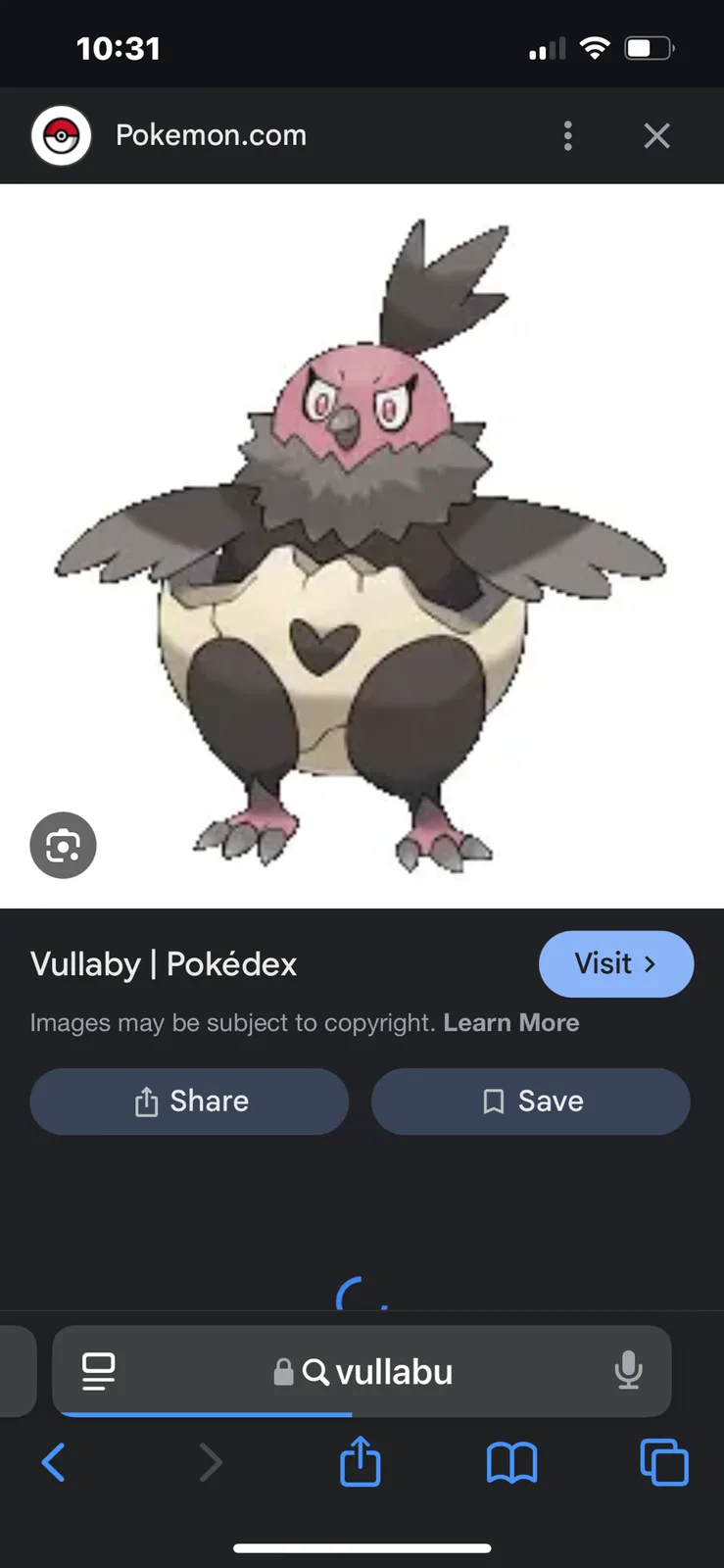 A screenshot of a mobile browser showing the official Pokémon.com page for Vullaby, with the search bar at the bottom…
