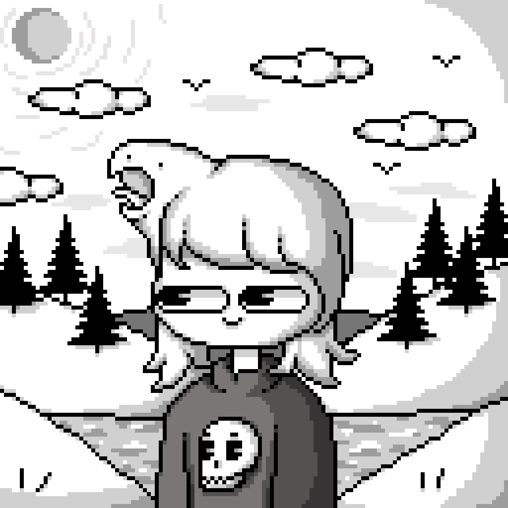 A pixel-art character with white hair and a dark hoodie featuring a white 'D' stands in a snowy landscape with pine trees…
