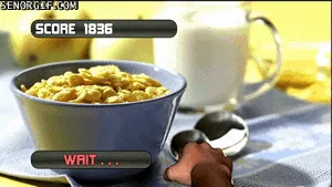 A sequence of six images shows a video game interface overlaid on a photo of a cereal bowl and milk. The score increases…