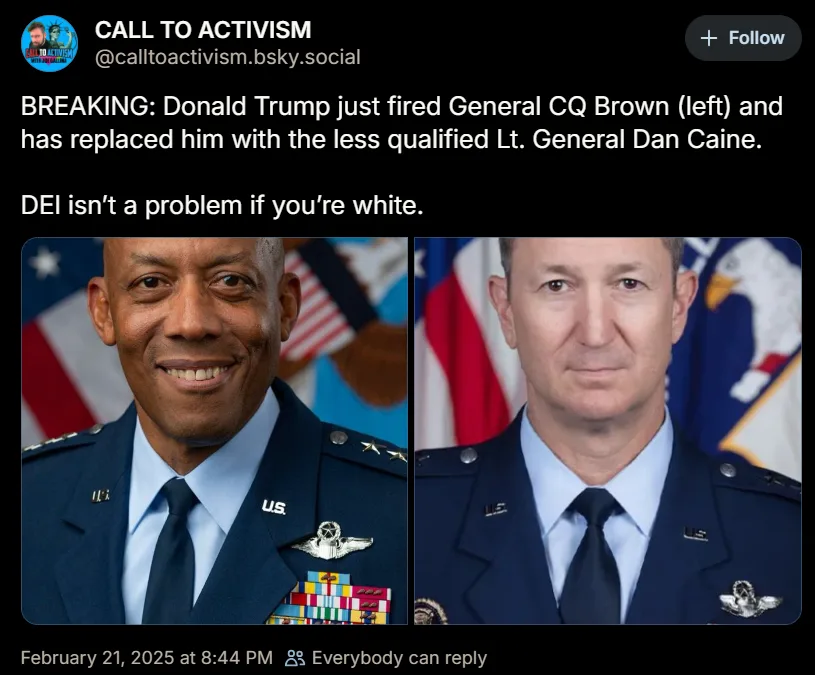 The image displays two side-by-side official U.S. Air Force portraits: General CQ Brown on the left, smiling, with numerous…