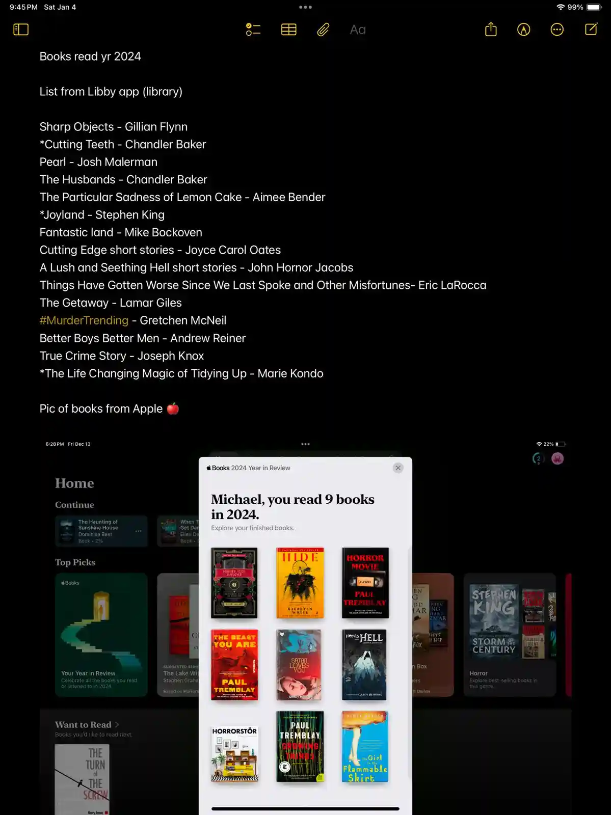 A screenshot of an Apple Books 'Year in Review' pop-up showing nine horror-themed book covers, overlaid on a handwritten…