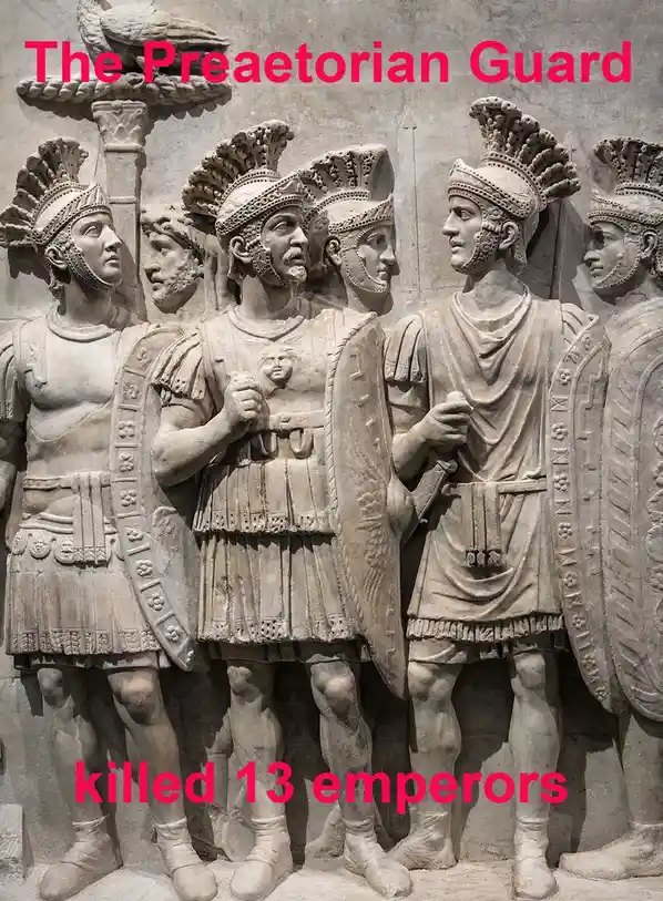 A stone relief depicts several Roman soldiers in detailed armor and helmets, standing in a row. Pink text at the top reads…