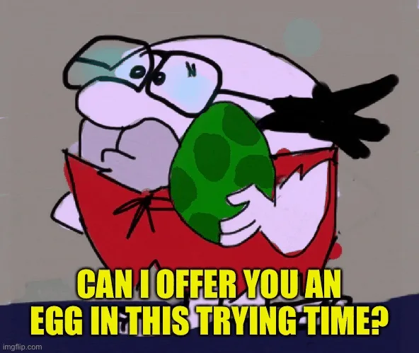 The image shows a cartoon character with glasses and a red cape holding a green spotted egg. The character is depicted in…